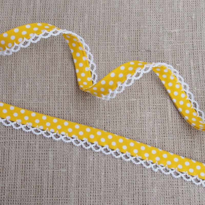 Yellow Polka Dot Lace Edge Bias Binding -18mm