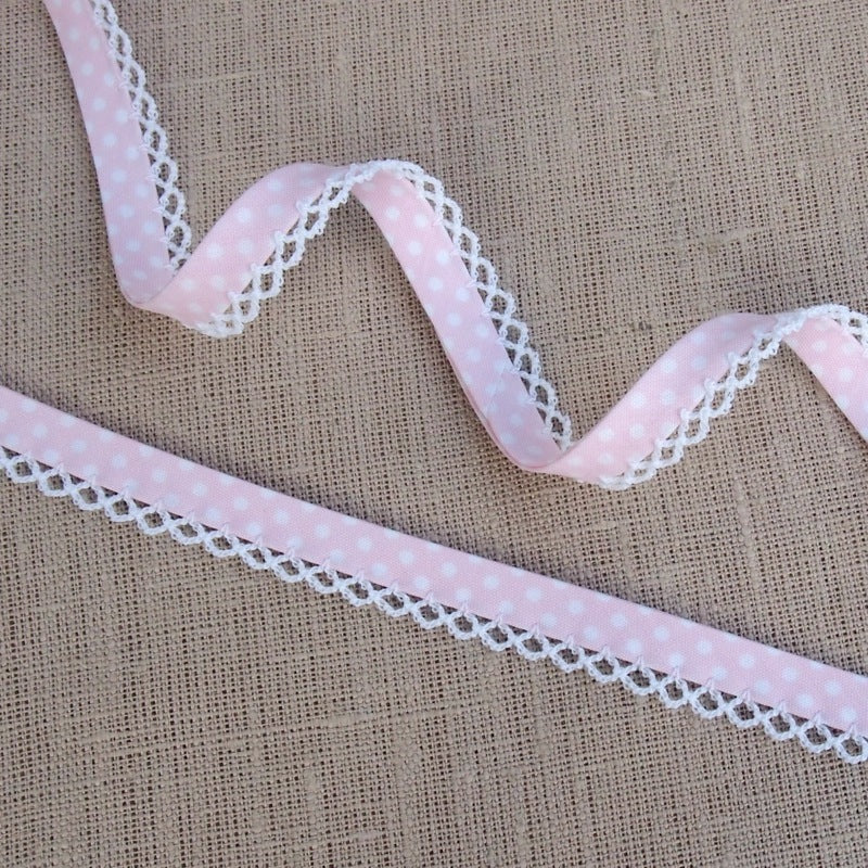 Light Pink Polka Dot Lace Edge Bias Binding -18mm