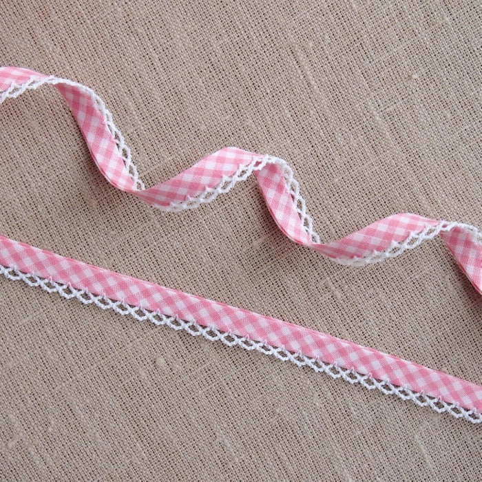 Pink Gingham Lace Edge Bias Binding -18mm