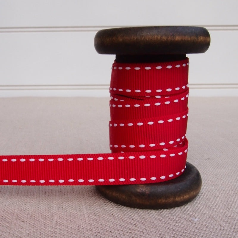 Red Saddle Stitch Grosgrain Ribbon - 13mm