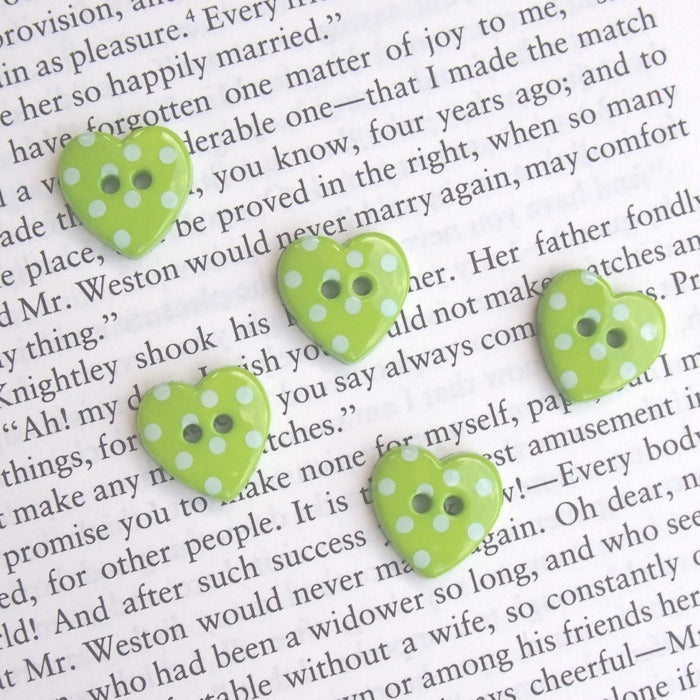 Bright Green Polka Dot Heart Buttons