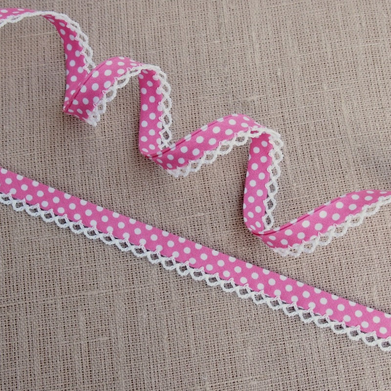 Pink Polka Dot Lace Edge Bias Binding -18mm