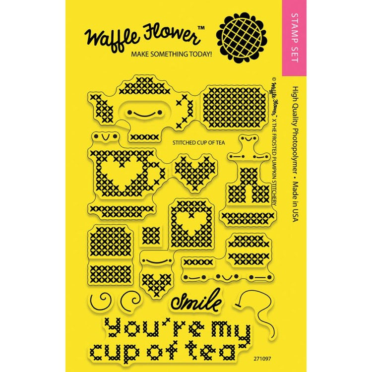 Waffle Flower Clear Acrylic Stamp Set - Cross Stitch Cup of Tea